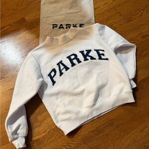 Parke Varsity Fleece mockneck white+ denim S/M.  Sold out online
